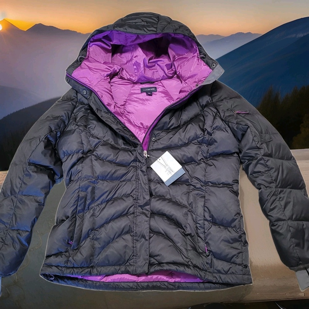 NWT Lands' End Hooded Jacket Womens XL/18 Black Down Puffer 600 Fill DriOff Ski
